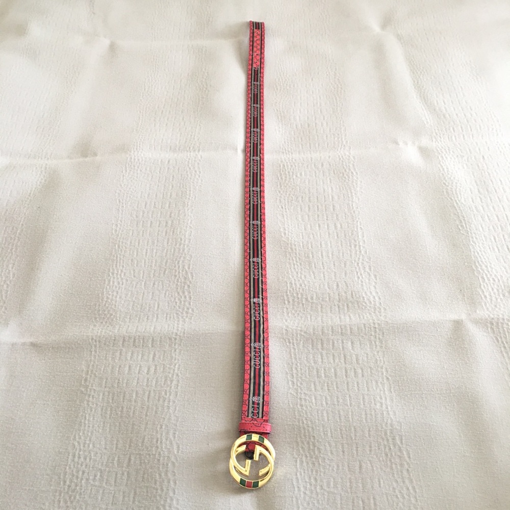Gucci Leather Belt Red Green Beige Interlocking G Buckle 37-41 Waist - Picture 5 of 16